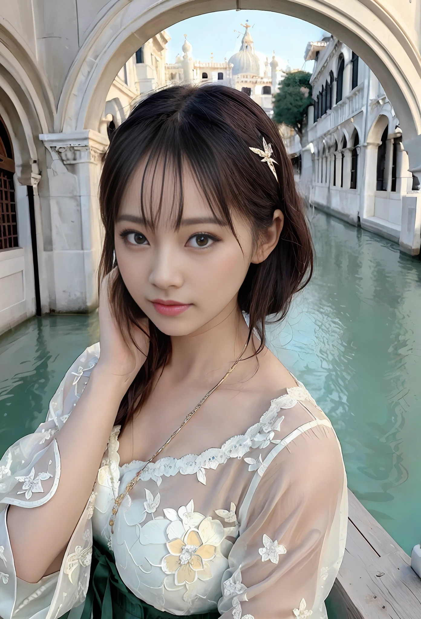 modelshoot style, (extremely detailed CG unity 8k wallpaper), full shot body photo of the most beautiful artwork in the world, stunningly beautiful photo realistic cute women, a hyper realistic ultra detailed photograph of a beautiful girl as a female 2020s dancer on the boat of 2020s Venice,(Bridge Of Sighs background),(princess eyes,shiny pupils), detailed symmetric beautiful hazel eyes, detailed gorgeous face,highly detailed, vibrant,professional majestic oil painting by Ed Blinkey, Atey Ghailan, Studio Ghibli, by Jeremy Mann, Greg Manchess, Antonio Moro, trending on ArtStation, trending on CGSociety, Intricate, High Detail, Sharp focus, dramatic, photorealistic painting art by midjourney and greg rutkowski