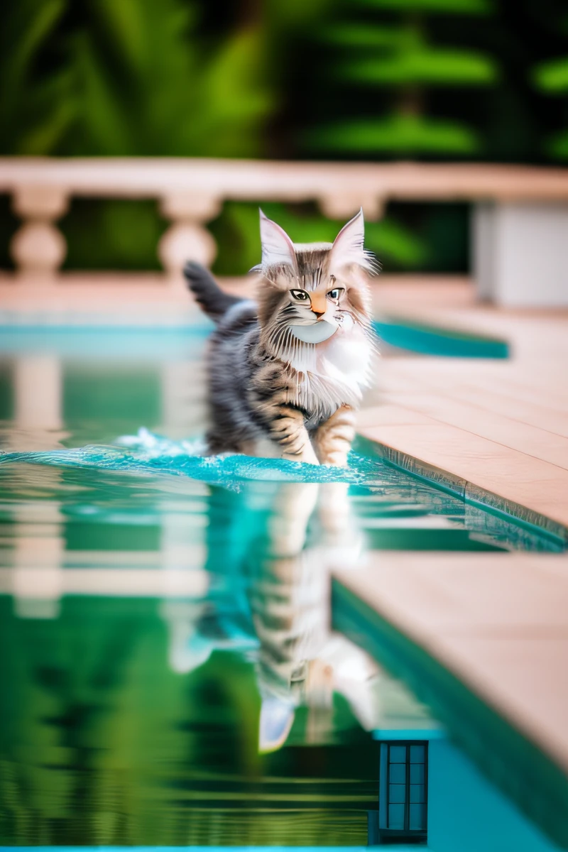 hyper qualité,Chaton chat Maine Coon mignon,nageant dans la piscine,aboiement,Yeux étroits,sourire,eos r3 28mm