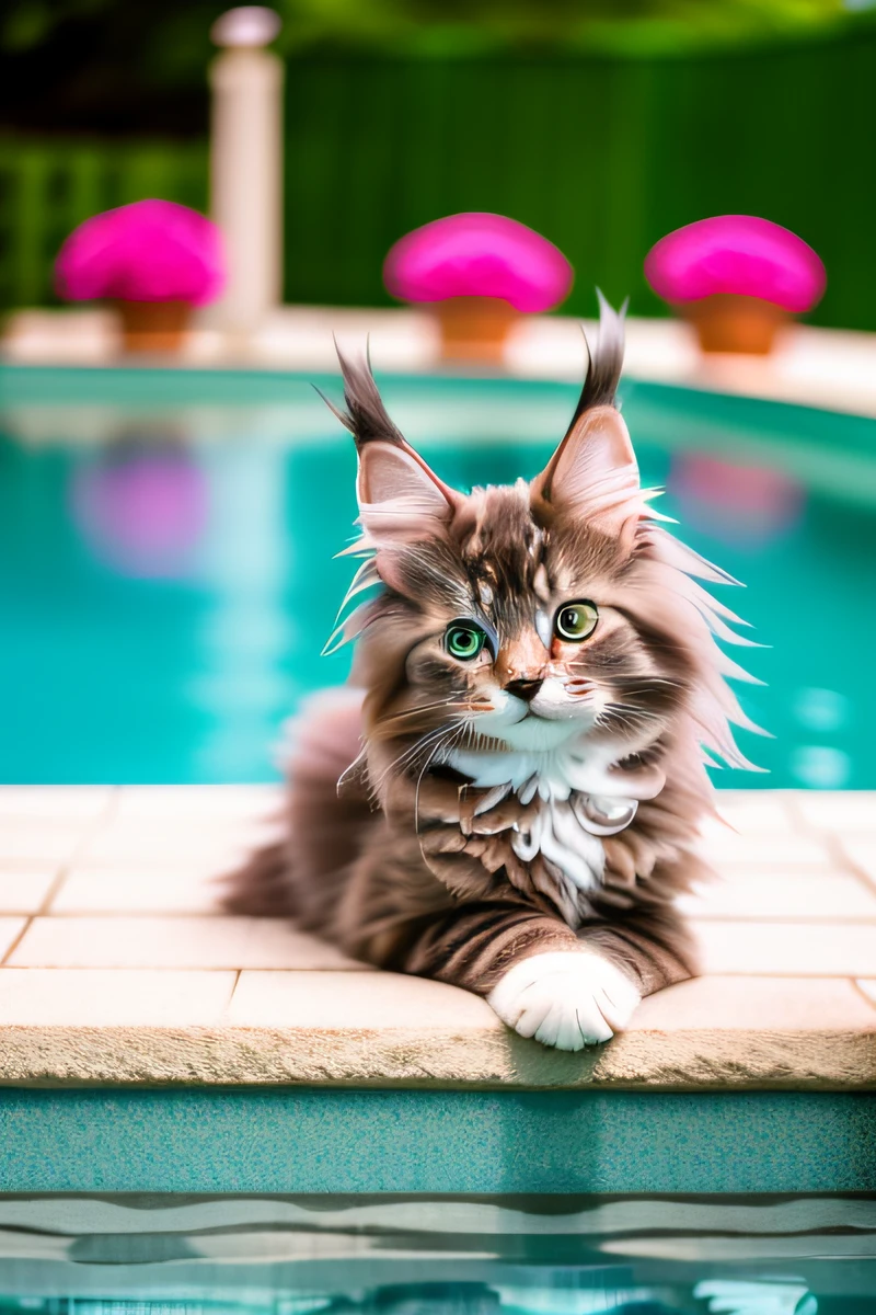 Hyperqualität,Süßes Maine Coon Kätzchen,im Pool schwimmen,Gebell,schmale Augen,lächeln,eos r3 28mm