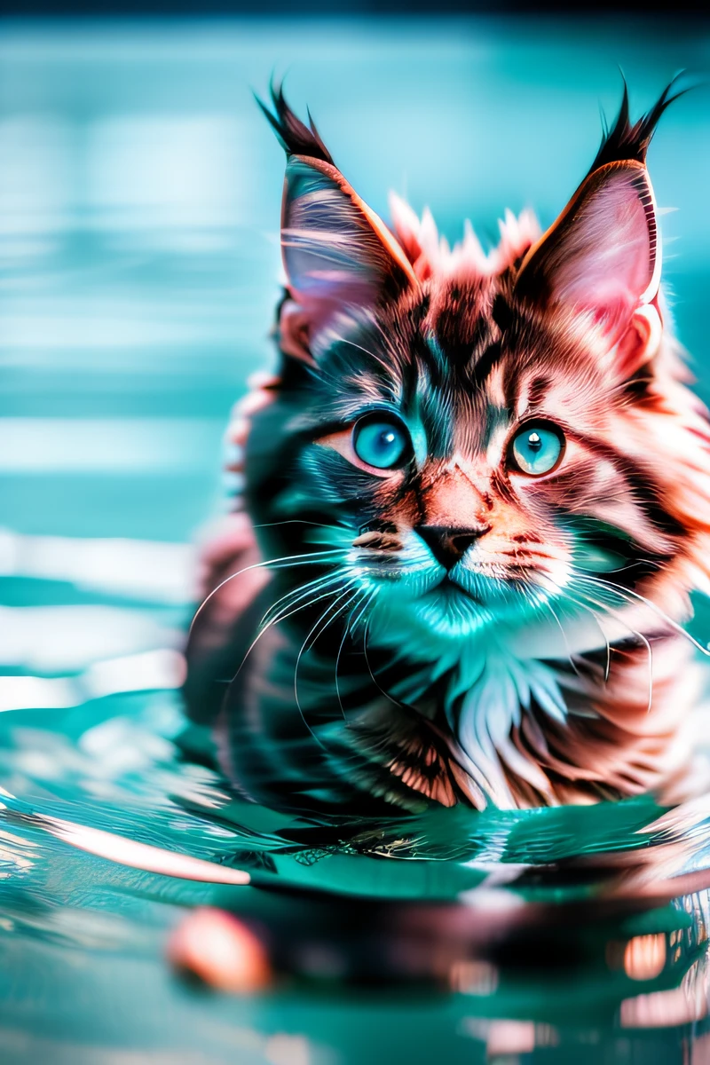 Hyper Quality,Cute Maine Coon cat kitten,swimming in the pool,barking,narrow eyes,smile,eos r3 28mm