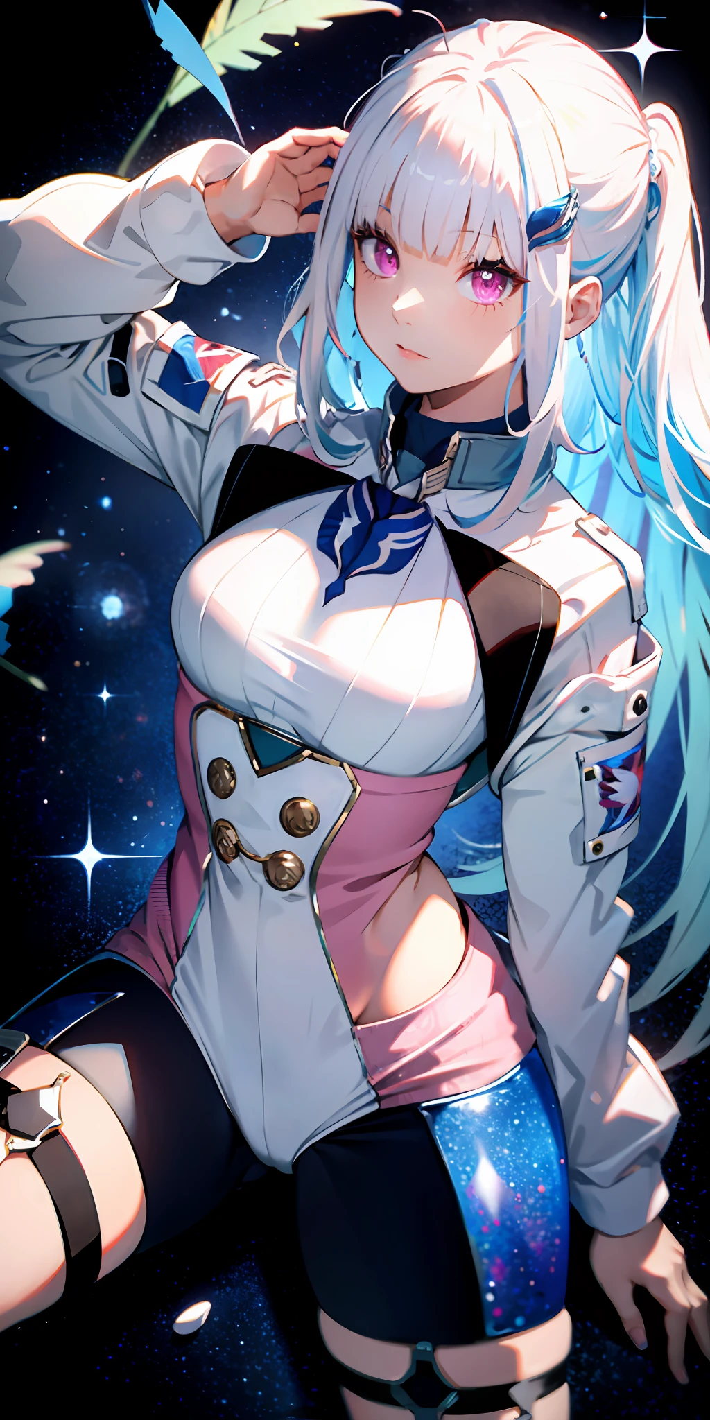 Absurd resolution, high resolution, (masterpiece: 1.4), super detailed, 1 girl, seen from above in a spacesuit, space, floating, wide-angle lens distortion, long hair, pink eyes