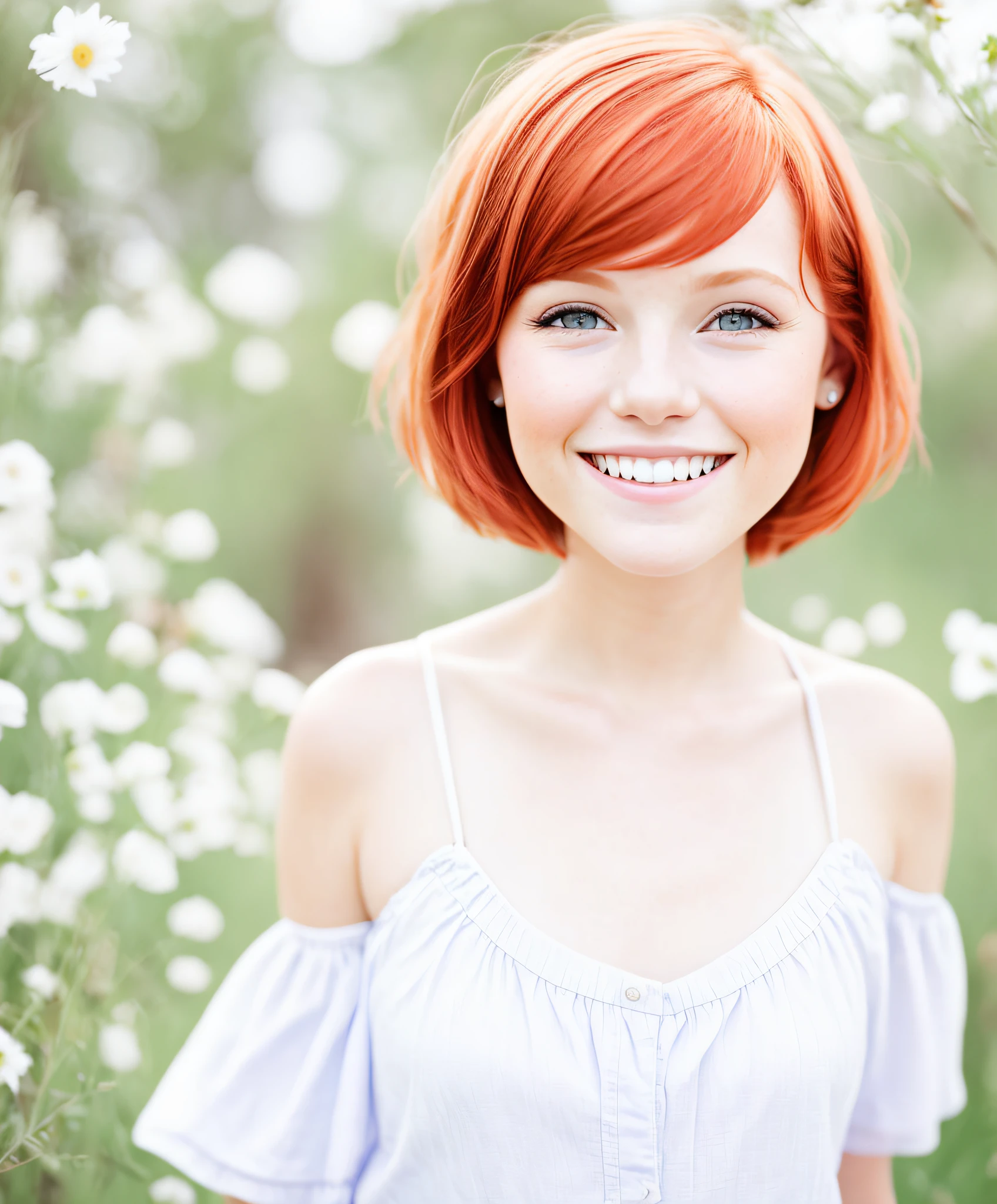 garota ruiva de alta chave, sorridente, corte de cabelo de duende