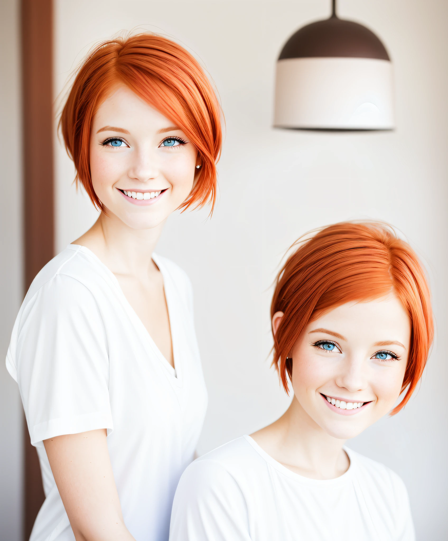 high key
redhead girl, smiling, pixie haircut