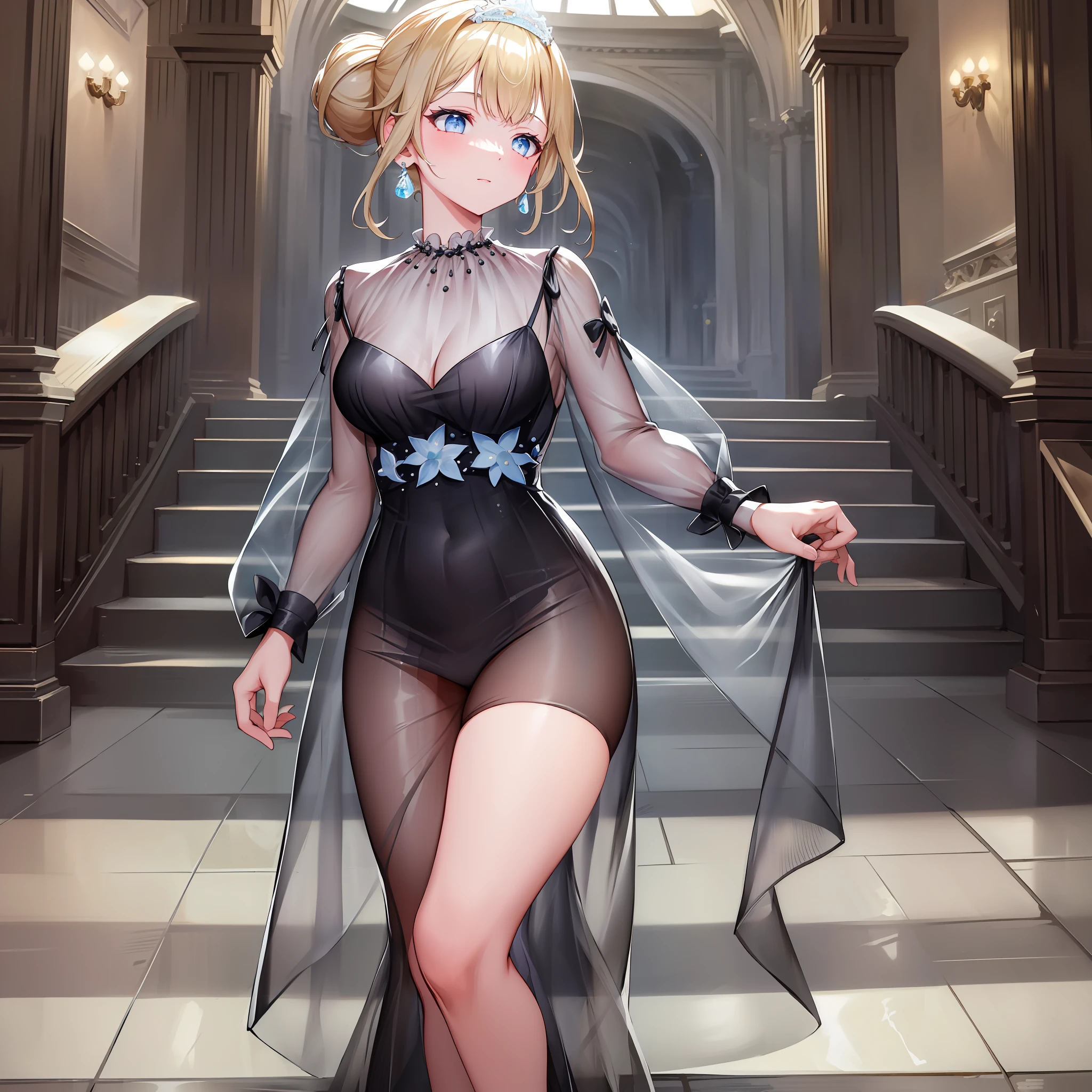 ((Masterpiece)), (Best Quality), Amelia Watson,amelia_formal, black dress, see-through, hair bun, tiara, (NSFW: 1.5), full body, solo