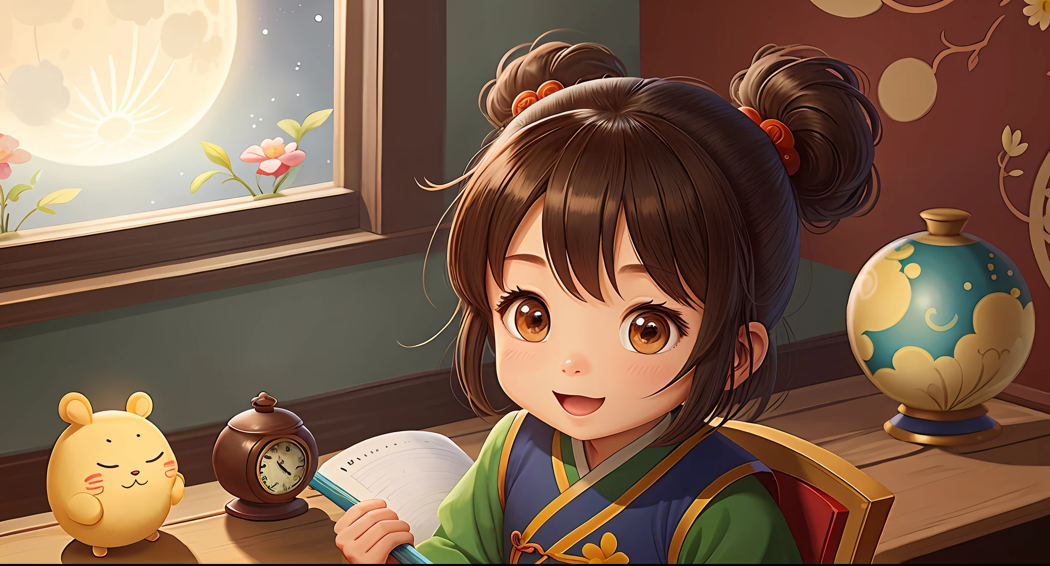 Li Bai looking up at the moon through the window in the house, ancient Chinese background, simple picture, high brightness, children's style, simple picture, happy, happy, (bokeh) (8K) (sharp focus), (happy), mobile game art, game illustration, mobile game assets, mobile game style, stylized game art, mobile game background, 2d mask illustration, 2d illustration, 2d illustration, flat illustration, 8 k cartoon illustration, mobile game, official illustration