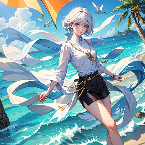 solo, a handsome boy, a man with short white hair, blue eyes, wearing a white t, black shorts, tropical beach scene, sailboat, p...