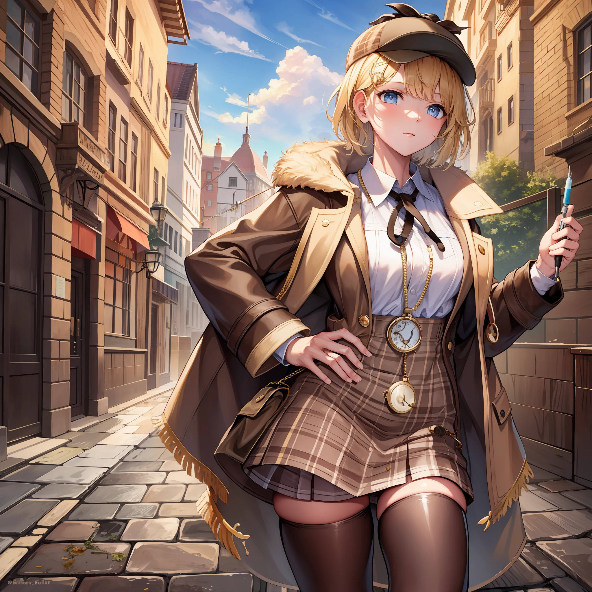 ((Masterpiece)), (Best Quality), Amelia Watson,(detective accessories:0) deerstalker, brown capelet, pocket watch, stethoscope, syringe, (NSFW: 1.5), full body, solo