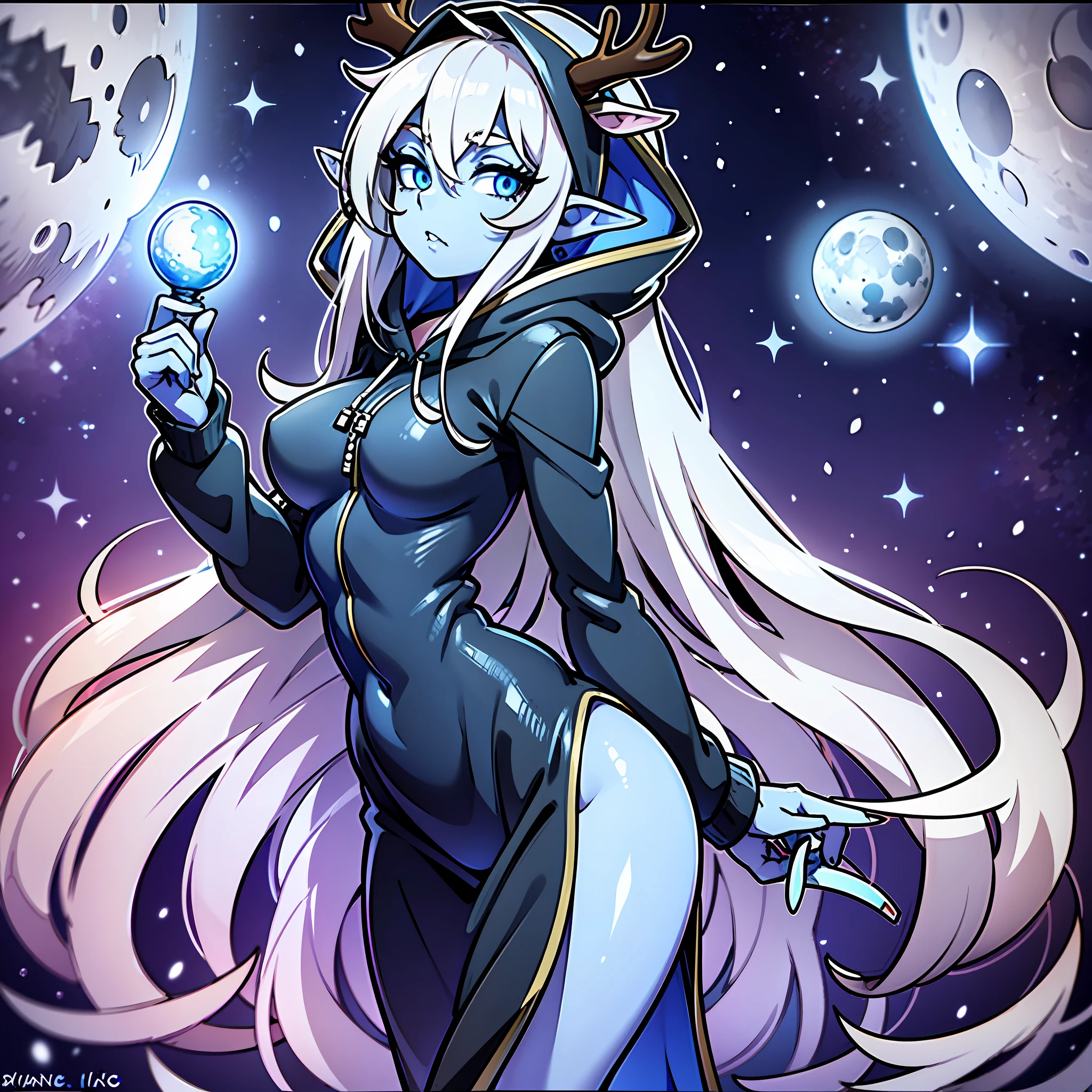 Elf ears, pointed ears, tight clothes, hood up, hood with antlers Mysterious, Enigmatic, Otherworldly, Solitary, Sage, Lunar being, Moonlight, Silver-white hair, Shimmering blue and silver ribbons, Moonlit night, Reflective eyes, Deep wisdom, Melancholy, Slender, Graceful, Pale luminescence, Moonlight glow, Silver-white hair, Shimmering blue and silver ribbons, Reflective eyes, Silvery-blue glow, Moonlit night, Flowing gown, Phases of the moon, Dark blue, Deep purple, Silver and gold celestial patterns, Stars, Moons, Constellations, High collar, Hood, Silver amulet, Delicate chain, lantern, Moon, Gentle source of light, Silver rings, Moonstones, 1girl, simple background, colored background, wide hips, full body, pin up, big butt, tease, big eyes, colored skin, ((naked hoodie)), blue hoodie, black and blue hoodie, deerantlers, ((colored skin))