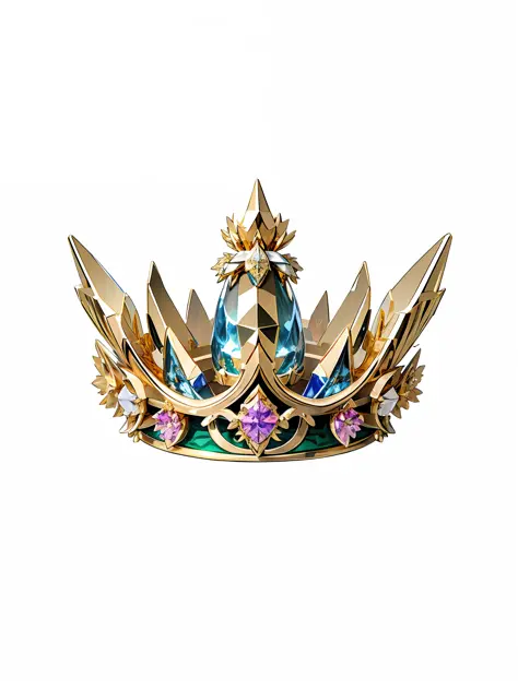 8k, (crown close-up), (((looking up))), with a gothic crown on white background, set with precious stones, gothic metal decorati...