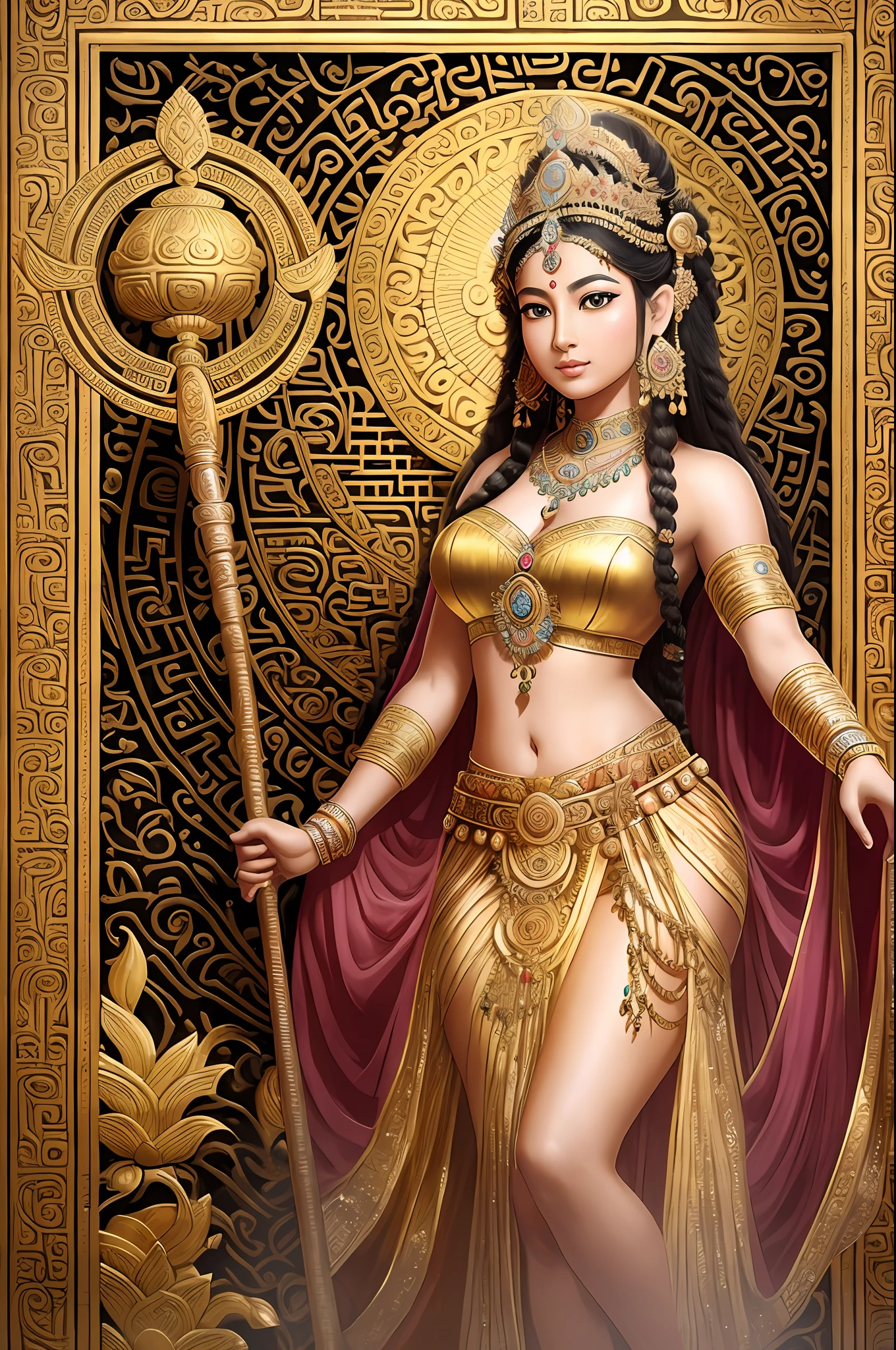 Dancing 여신, 고대 인도 스타일, 높은 왕관으로 묶인 머리, 류트를 들고, 전신이 보인다, 맨발, 우아한 아름다움, 금박을 입힌 연꽃 공주, a 아름다운 판타지 여왕, 고대 인도 공주, ((아름다운 판타지 여왕)), 여신. 매우 높은 디테일, portrait of beautiful 여신, 고대 아시아 왕조의 공주, Indian 여신 of wealth, beautiful 여신, 고대 중국의 아름다움 --auto --s2