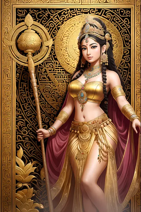 Dancing goddess, ancient Indian style, hair tied with high crown, holding a lute, full body visible, barefoot, elegant beauty, gilded lotus princess, a beautiful fantasy queen, ancient Indian princess, ((beautiful fantasy queen)), goddess. Extremely high d...