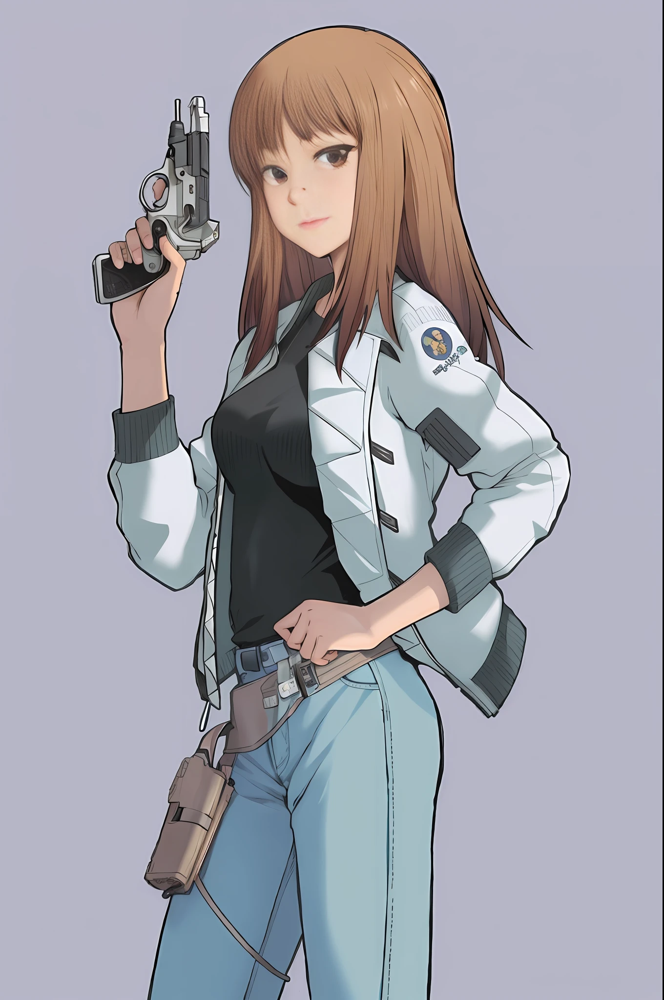 A woman holding a gun and a gun in her hand - SeaArt AI