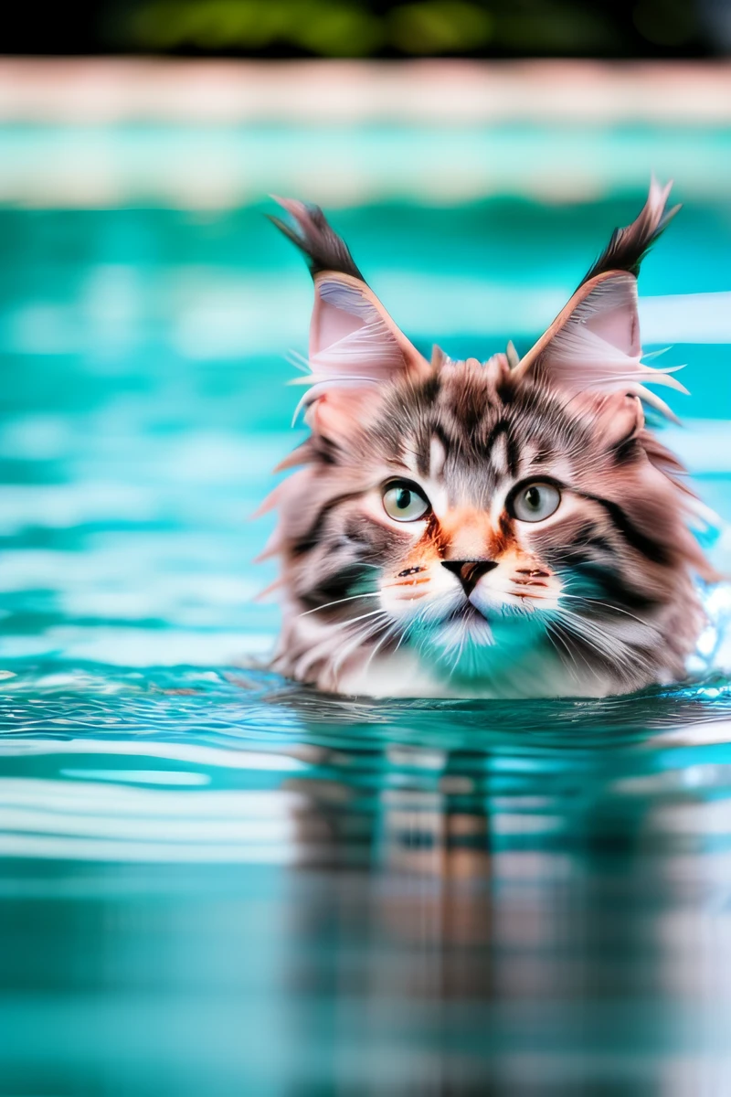 Hyperqualität,Süßes Maine Coon Kätzchen,im Pool schwimmen,Gebell,schmale Augen,lächeln,eos r3 28mm