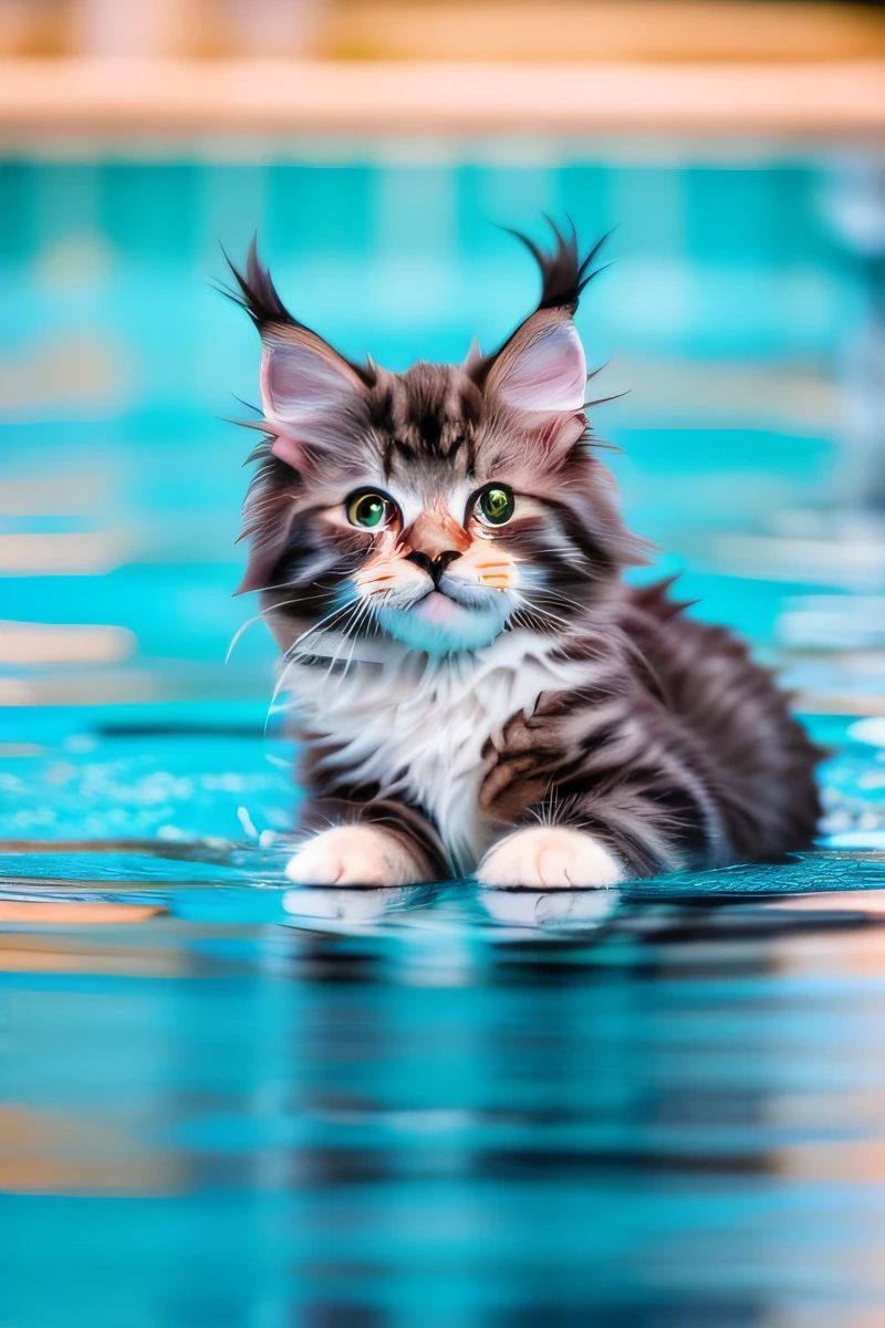 Hyperqualität,Süßes Maine Coon Kätzchen,im Pool schwimmen,Gebell,schmale Augen,lächeln,eos r3 28mm