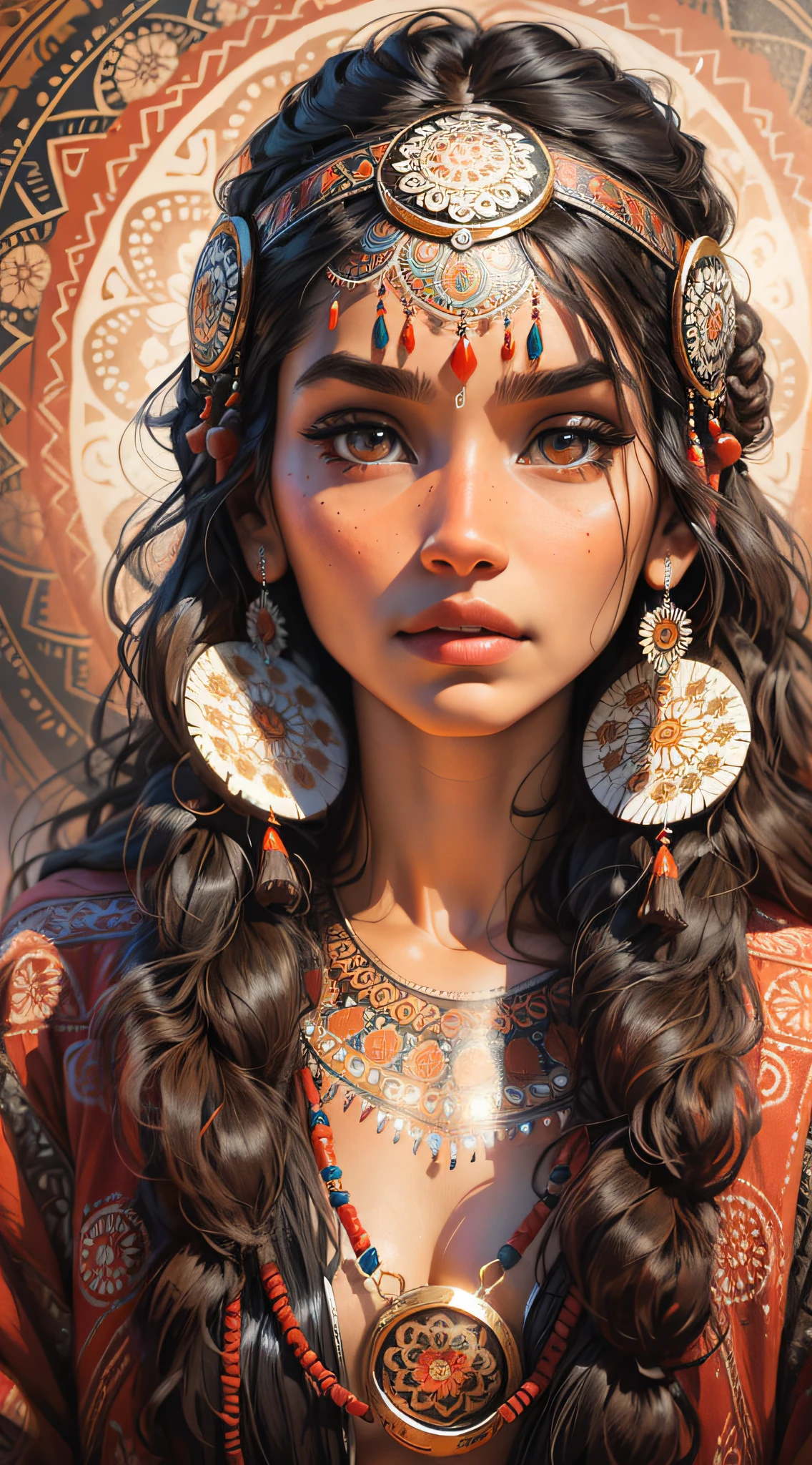 1Schöne indigene Frau mit indischen Ornamenten, tiefer Blick, leuchtende Augen, im Hintergrund mehrere Mandalas und ein wunderschönes und kompliziertes Totem