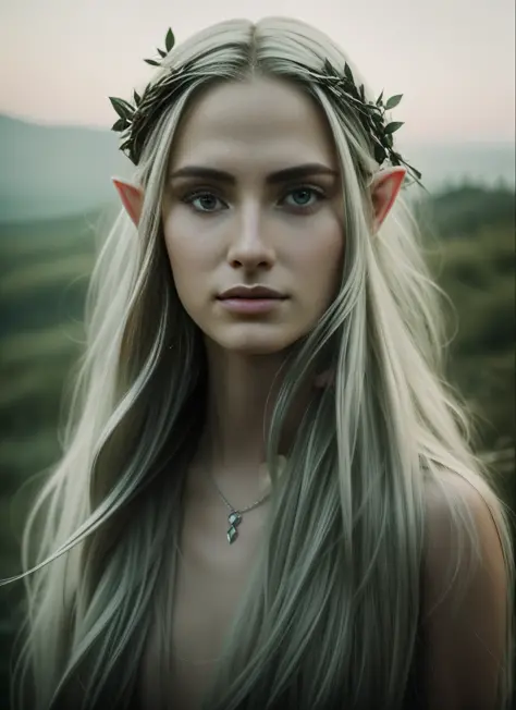 beautiful Elf woman arwan,inspired by the lord of the ring,dressed like a White Elf style,Happy expression on face,on the mounta...