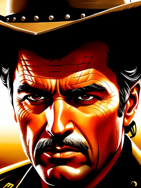 Ultra Extreme close-up to a face of a sheriff, dramatic style of Frank McCarthy, iconic Western movie poster, cinematic lighting