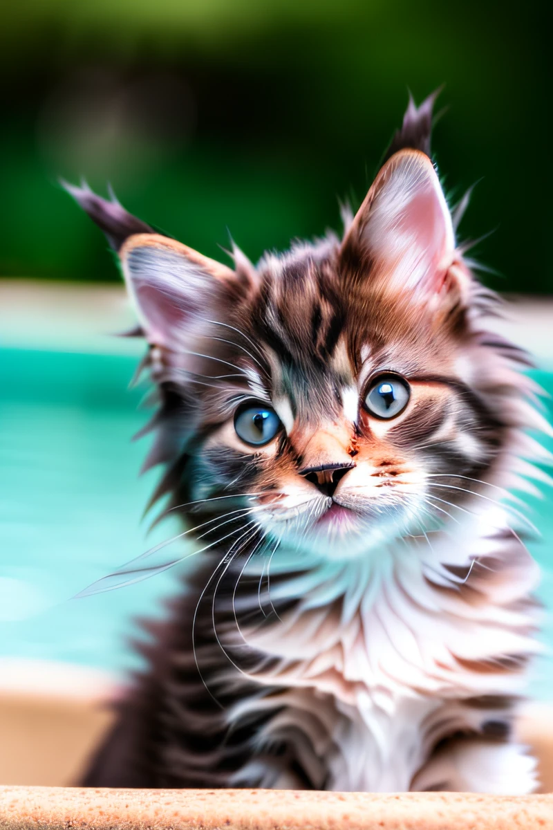 Hyperqualität,Süßes Maine Coon Kätzchen,im Pool schwimmen,Gebell,schmale Augen,lächeln,eos r3 28mm