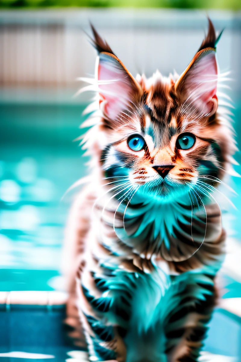 hyper qualité,Chaton chat Maine Coon mignon,nageant dans la piscine,aboiement,Yeux étroits,sourire,eos r3 28mm