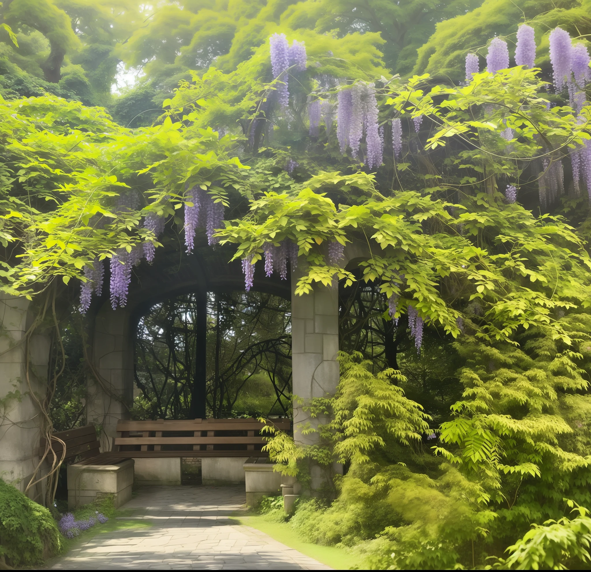 Sous un arbre recouvert de fleurs de glycine, il y a un banc avec une arche faite de verdure luxuriante, de vignes abondantes et de fleurs verdoyantes, envahi par des vignes luxuriantes, connecté à la nature par la vigne, qui poussent autour de la ville, couvert de vignes, des vignes et des plantes et des fleurs, couvert de végétation