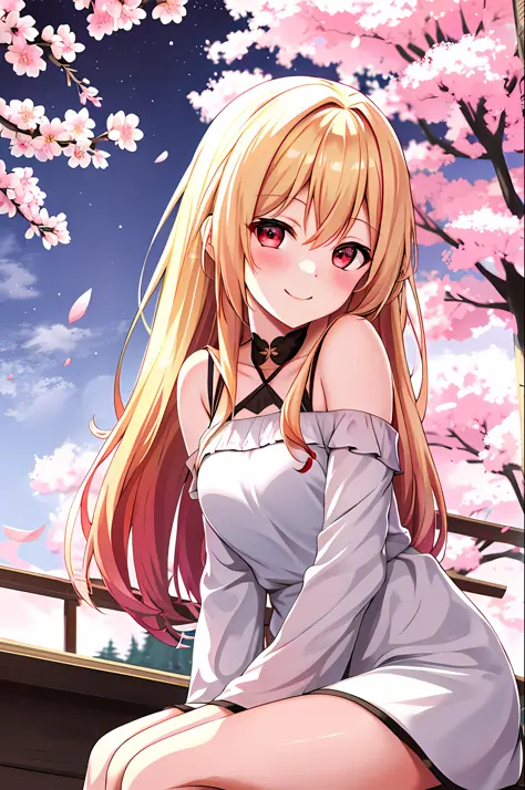 blonde, red eyes, girl alone, off-shoulder, sitting, moon and cherry blossoms on background, sexy, blush, smiling