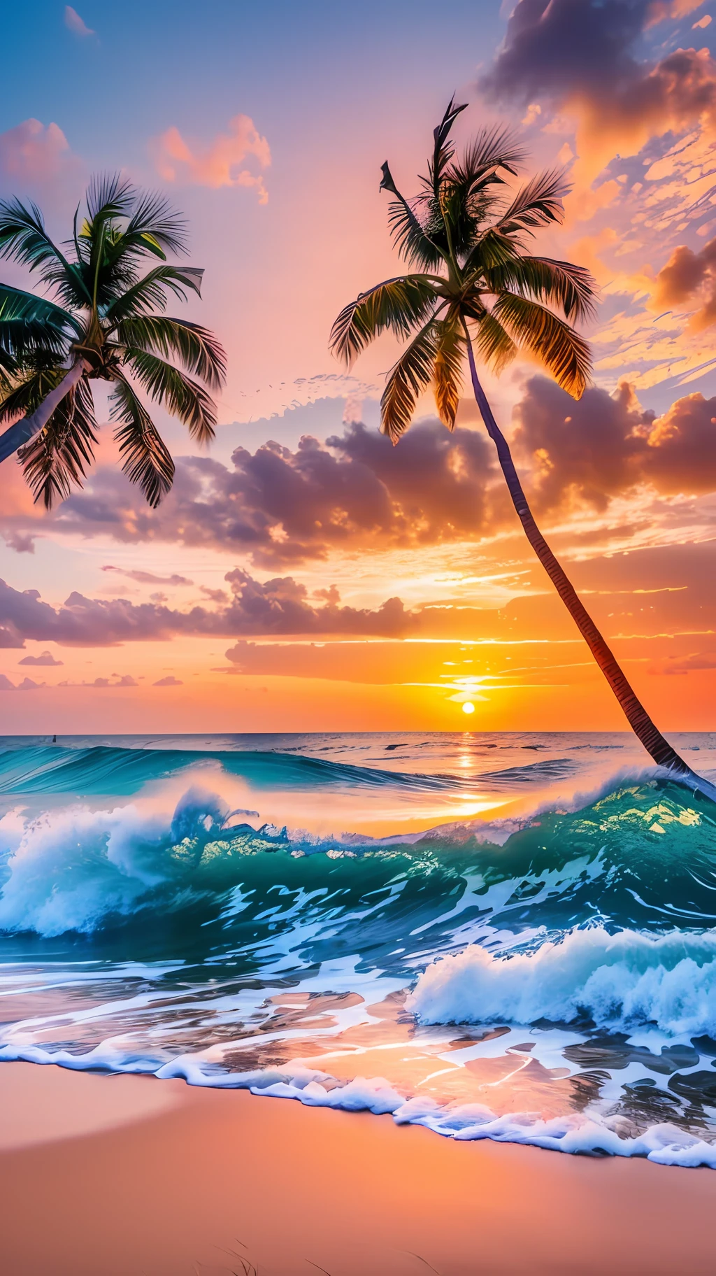 Create a 4K 9:16 image that depicts a stunning sunrise on a tropical beach, with gentle waves and palm trees along the coast. The color palette should be vibrant and convey a sense of renewal and positive energy. --auto --s2