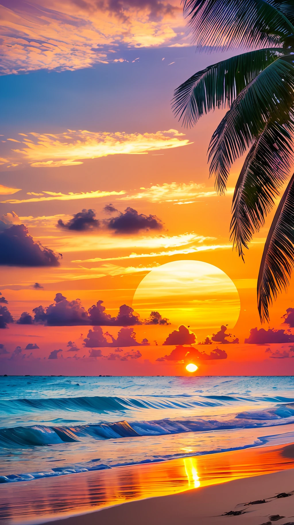 Crea un 4K 9:16 imagen que representa un impresionante amanecer en una playa tropical, con olas suaves y palmeras a lo largo de la costa. La paleta de colores debe ser vibrante y transmitir una sensación de renovación y energía positiva.. --auto --s2