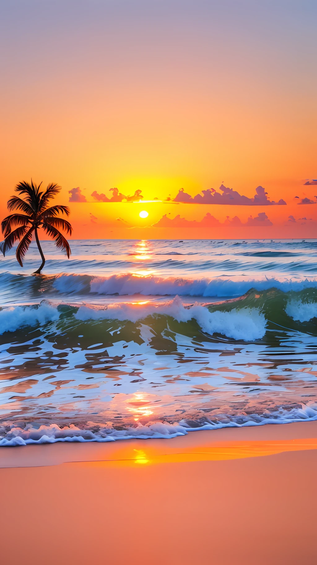 Crea un 4K 9:16 imagen que representa un impresionante amanecer en una playa tropical, con olas suaves y palmeras a lo largo de la costa. La paleta de colores debe ser vibrante y transmitir una sensación de renovación y energía positiva.. --auto --s2