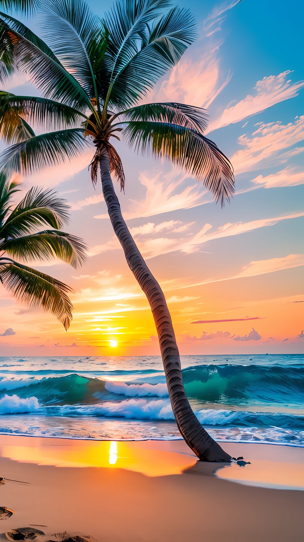 Créer un 4K 9:16 Image qui représente un magnifique lever de soleil sur une plage tropicale, avec des vagues douces et des palmiers le long de la côte. La palette de couleurs doit être vibrante et transmettre un sentiment de renouveau et d’énergie positive. --auto --s2