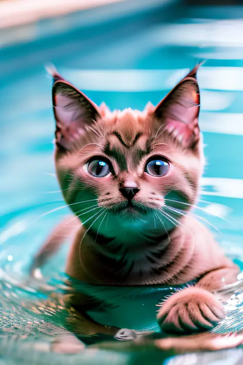 Hyper Quality,Cute Siamese cat kitten,swimming in the pool,barking,narrow eyes,smile,eos r3 28mm