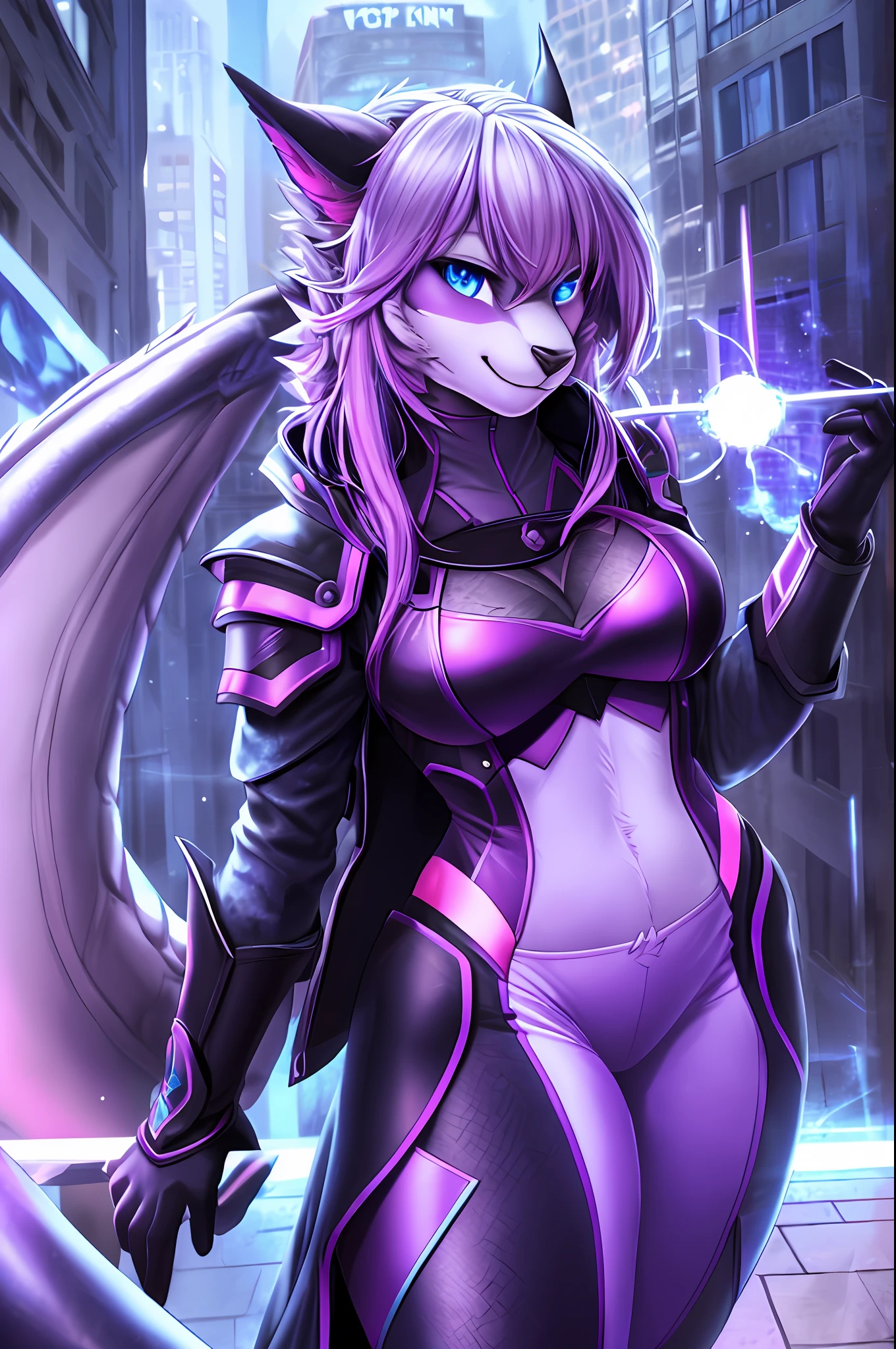 (Masterpiece, Best Quality), Altair, Furry, Furry Female, 1 Girl, Blue Eyes, Reptile, Dragon, Sketch, Detailed Fur Skin, Black Coat, Sharp Focus, Fluffy, City Background, , Uniform, Two-tone Fur, Ur Body Solo, Purple Dragon Tail, Purple Fur, 8k, (Ultra Realistic Photo, RAW Photo, Furry:1.3), Furry, Furry Female, 1 Girl, Blue Eyes, Electricity, Glow, Purple Fur,