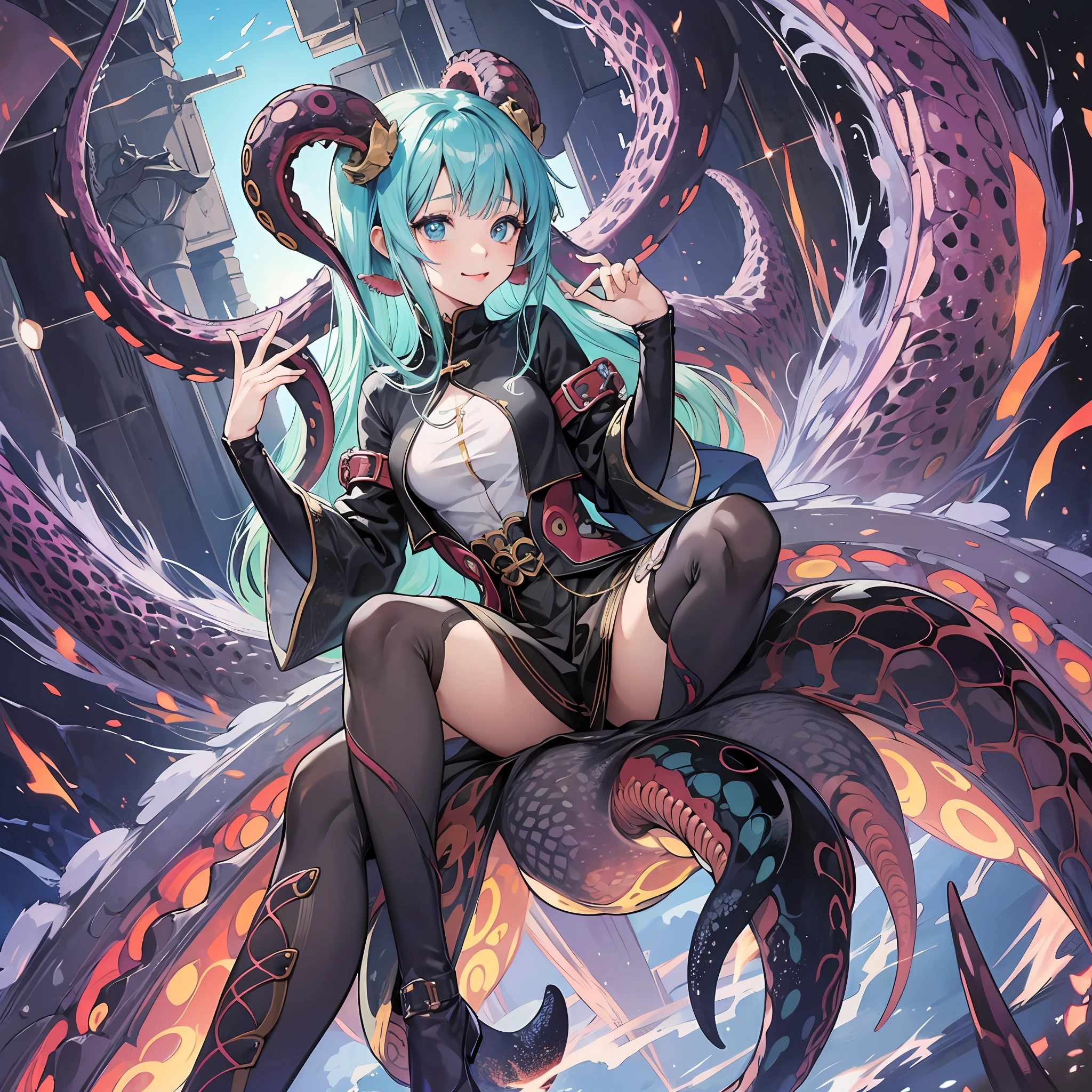 A woman with blue hair sitting on a giant octopus - SeaArt AI