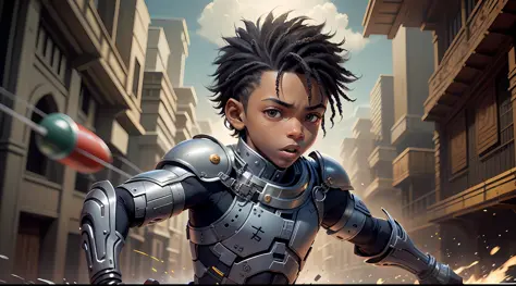 Create an image featuring Mateus, the valiant 6-year-old black boy with untapped powers, as an integral part of the team. Depict his youthful enthusiasm and show hints of his potential abilities, symbolizing his journey of discovery." --auto --s2