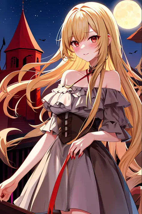 Blonde, red eyes, vampire girl alone, moon on background, sexy, blush, off-shoulder