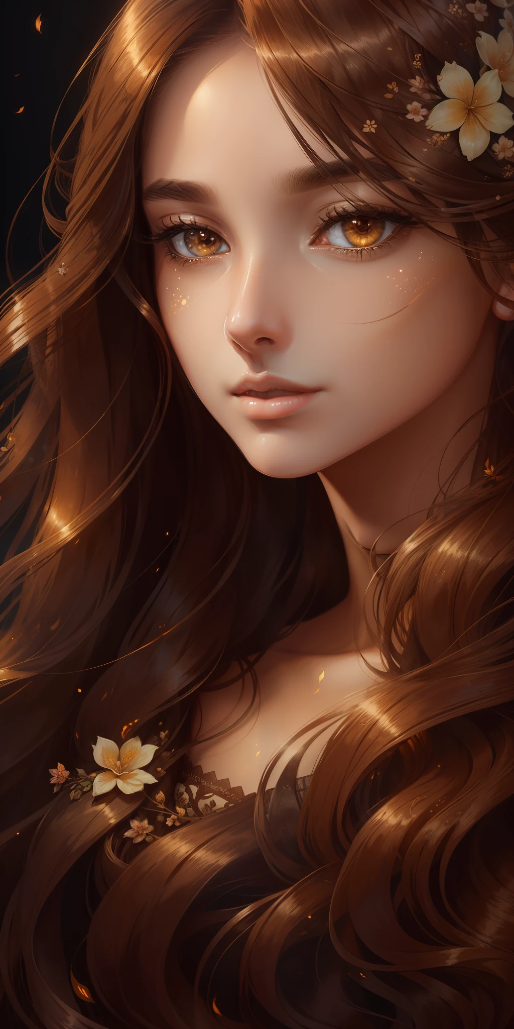 painting of a woman with long brown hair and a flower in her hair, detailed hair foggy, wlop glossy skin, ealistic shaded perfect face, ethereal vaporous tan skin, glowing flowing hair, long glowing ethereal hair, lblsck hair, stylized portrait h 640, realistic shaded perfect face, sultry expression, detailed sensual face, detailed realistic face