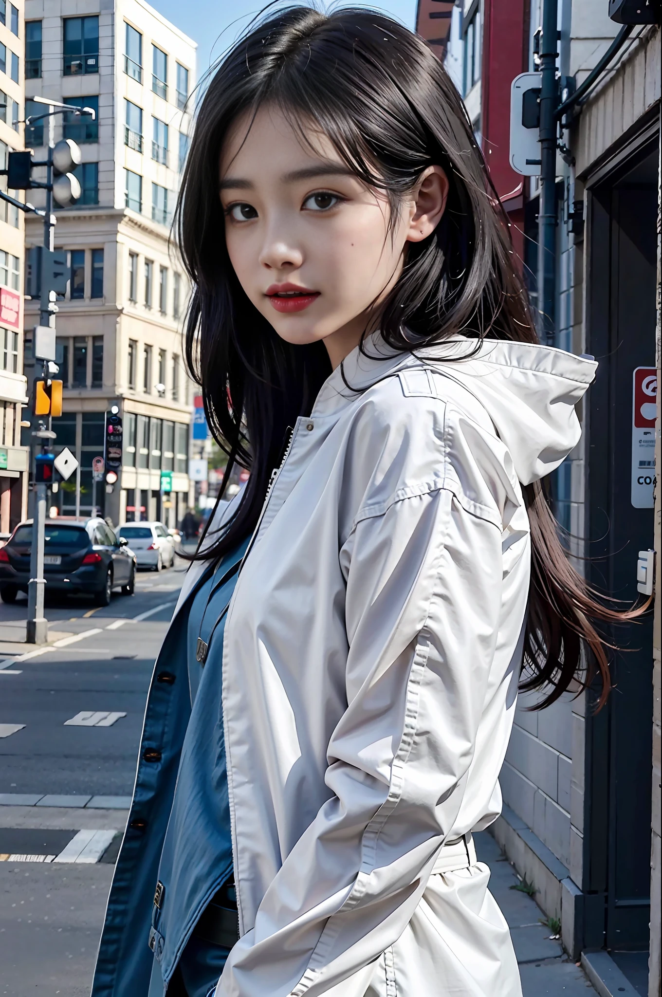 (8k, RAW photo, best quality, masterpiece:1.2), yjnn, 1girl, 3d, black hair, building, city, coat, looking at viewer,  realistic, shirt, solo,(realistic, photo realistic:1),