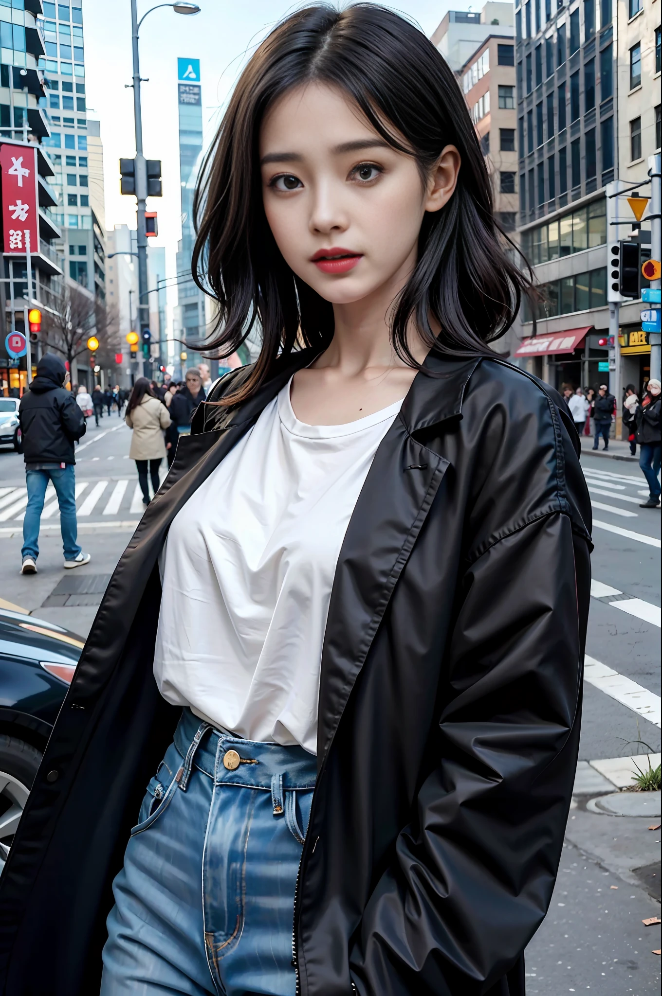 (8k, RAW photo, best quality, masterpiece:1.2), yjnn, 1girl, 3d, black hair, building, city, coat, looking at viewer,  realistic, shirt, solo,(realistic, photo realistic:1),