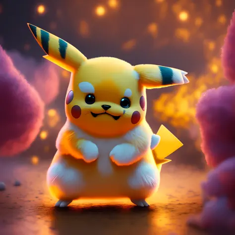 "An incredibly detailed and realistic digital painting of an extremely happy Pikachu, skillfully capturing dramatic lighting thr...