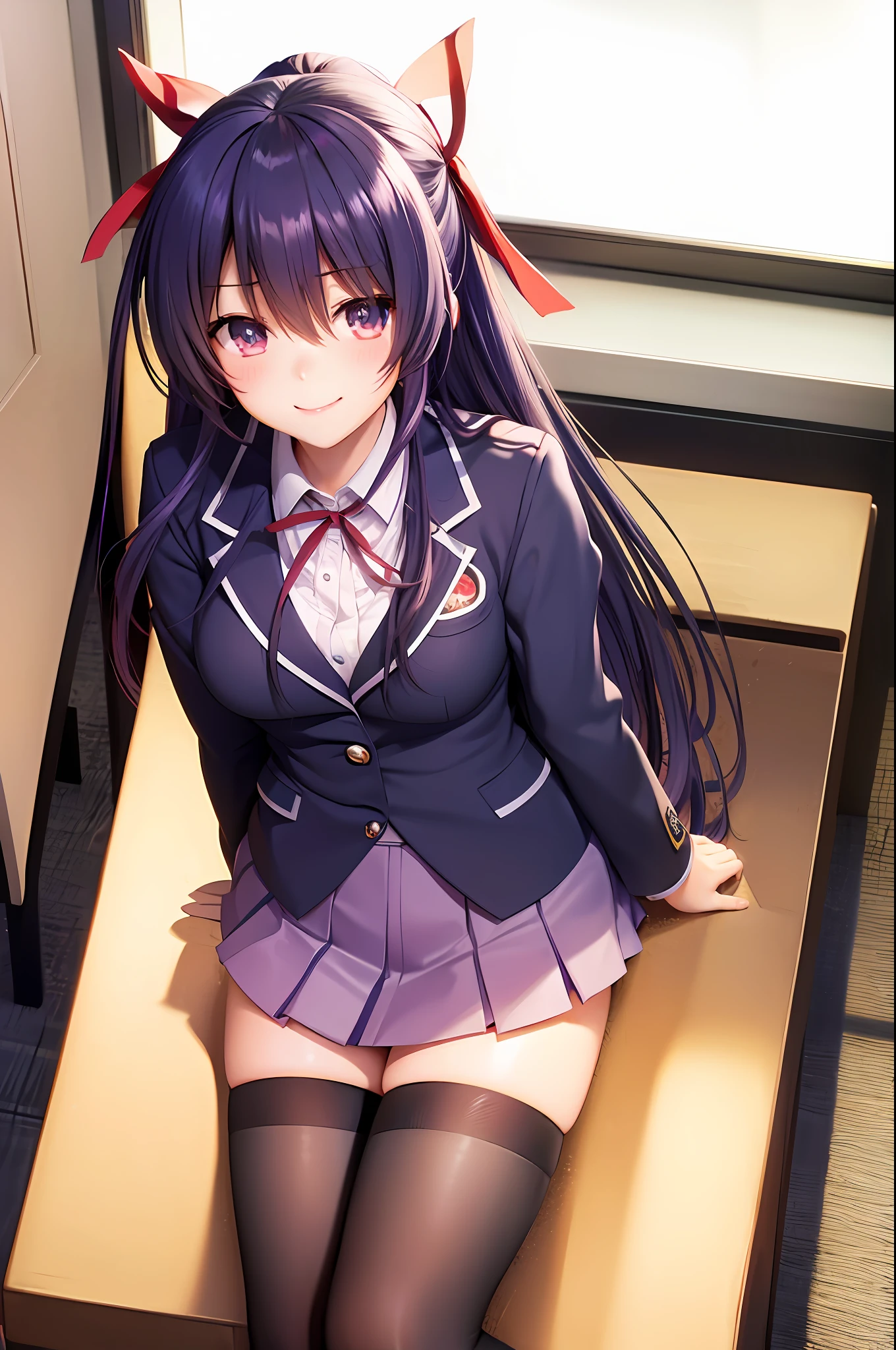 yatogami tohka, Uniforme escolar, chaqueta de sport, escote, pechos medianos, mejor calidad, pelo largo, cola de caballo, pelo de cinta roja, obra maestra, alta resolución, mejor calidad, rubor, sonríe tímido, pose sexy, interior, silla, aula, ventana, falda plisada, media, muslo,