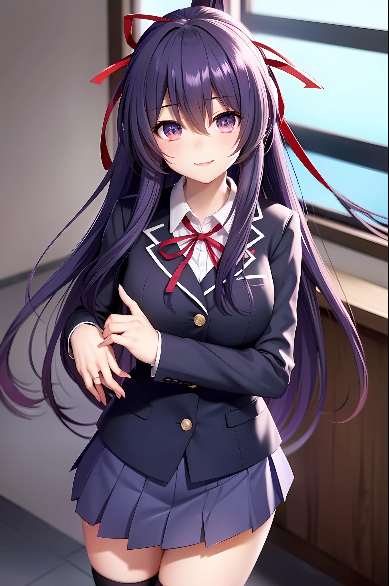 yatogami tohka, Uniforme escolar, chaqueta de sport, escote, pechos medianos, mejor calidad, pelo largo, cola de caballo, pelo de cinta roja, obra maestra, alta resolución, mejor calidad, rubor, sonríe tímido, pose sexy, interior, silla, aula, ventana, falda plisada, media, muslo,