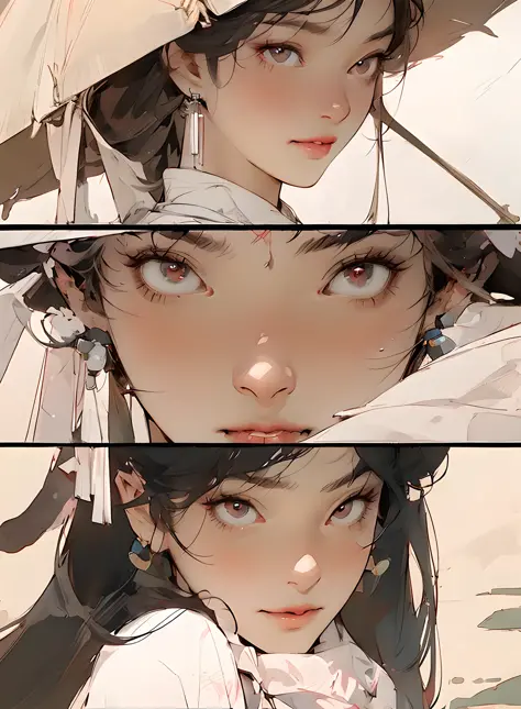 there are two pictures of a woman with an umbrella and a cat, artwork in the style of guweiz, guweiz, beautiful character painti...