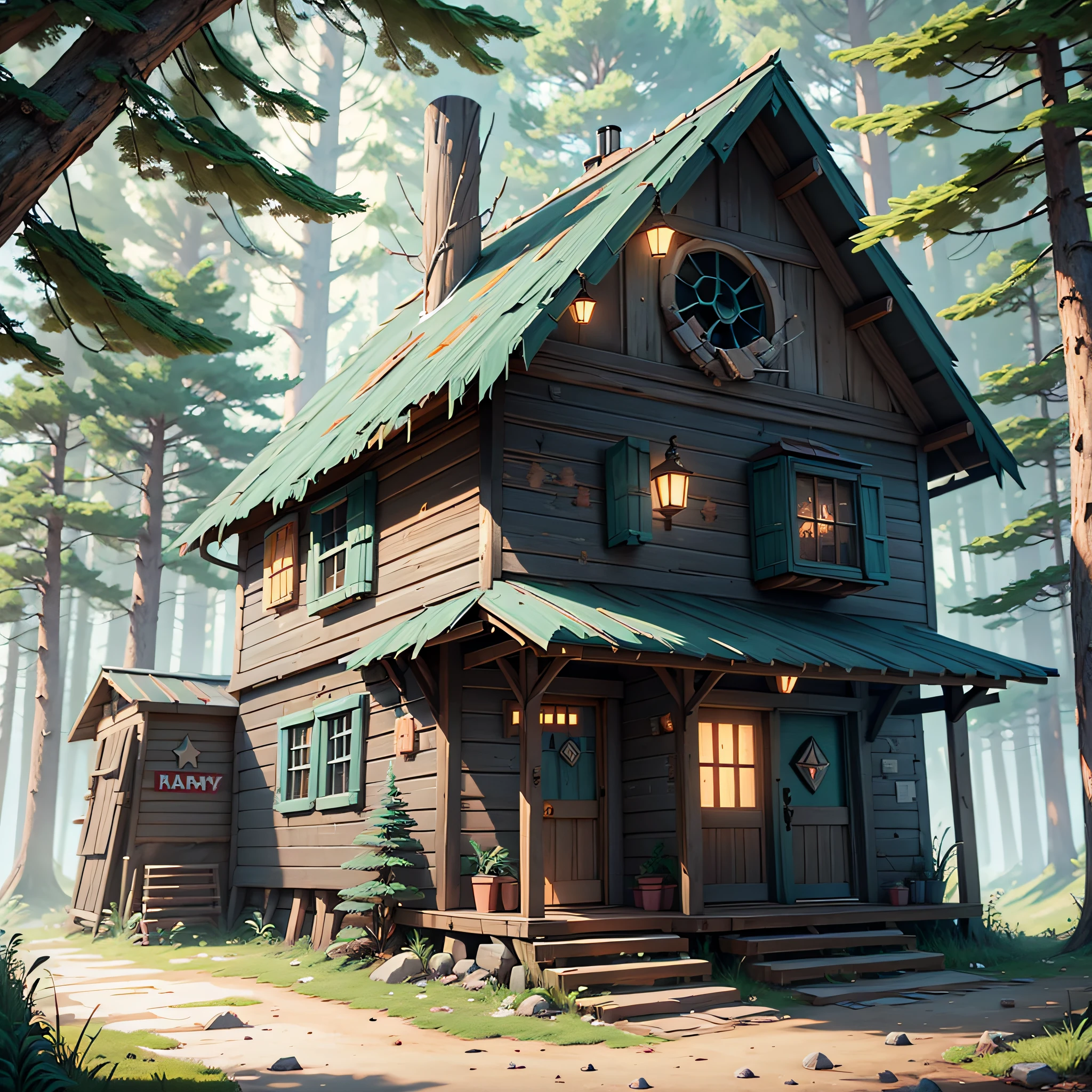 There is a small cabin in the woods with a clock on the roof - SeaArt AI