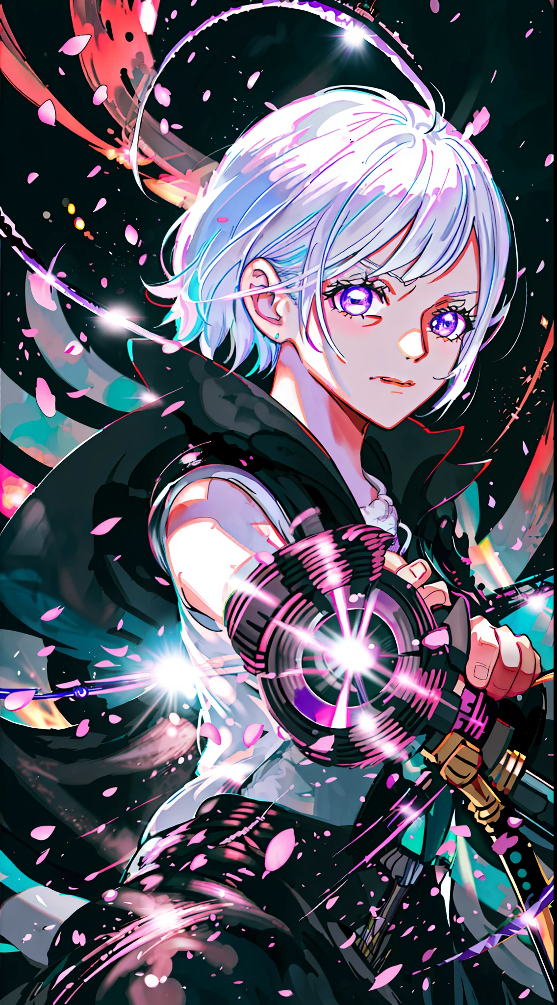 colorful, 1 girl, white hair, purple eyes, double hilt, sword, hand sword, blue flames, brilliance, bright weapon, light particles, wallpaper, chromatic aberration,