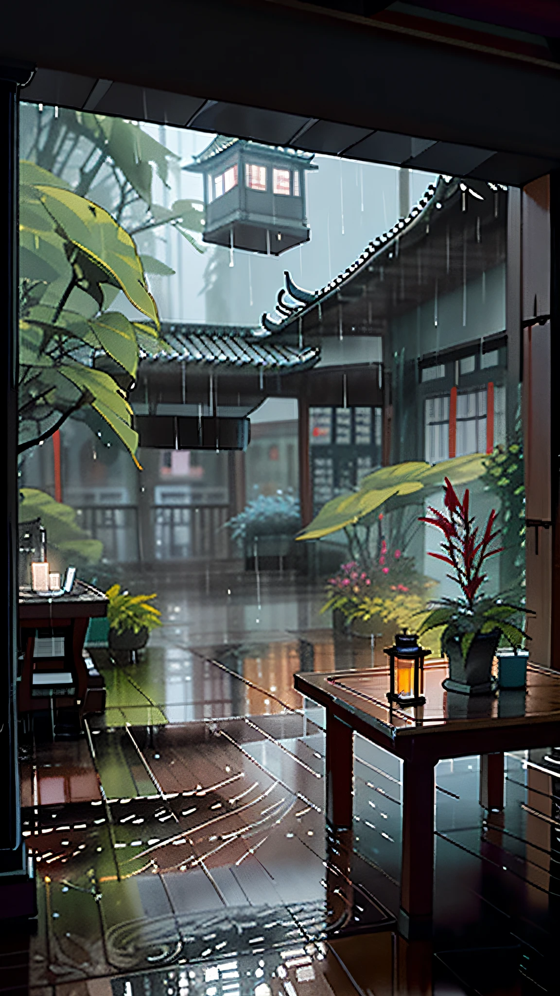 há uma mesa com uma vela em um pátio, Dia chuvoso outside, chuvoso lá fora, tarde chuvosa, Chovendo la fora, inside on a Dia chuvoso, cena chuvosa, atmosfera chuvosa e sombria, in a Ambiente chuvoso, clima chuvoso, por Li Zai, Ambiente chuvoso, Dia chuvoso, tempo chuvoso, by Fei Danxu, Chovendo la fora the window, por Ren Xiong