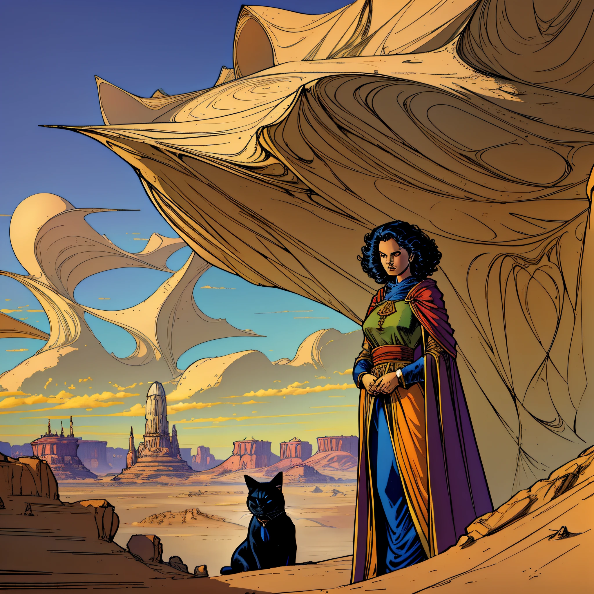 ((highest quality)), painting of a woman in a cloak with bob hair overlooking a desert landscape with a black cat, Mobius Jean Giraud, Pande Cine
