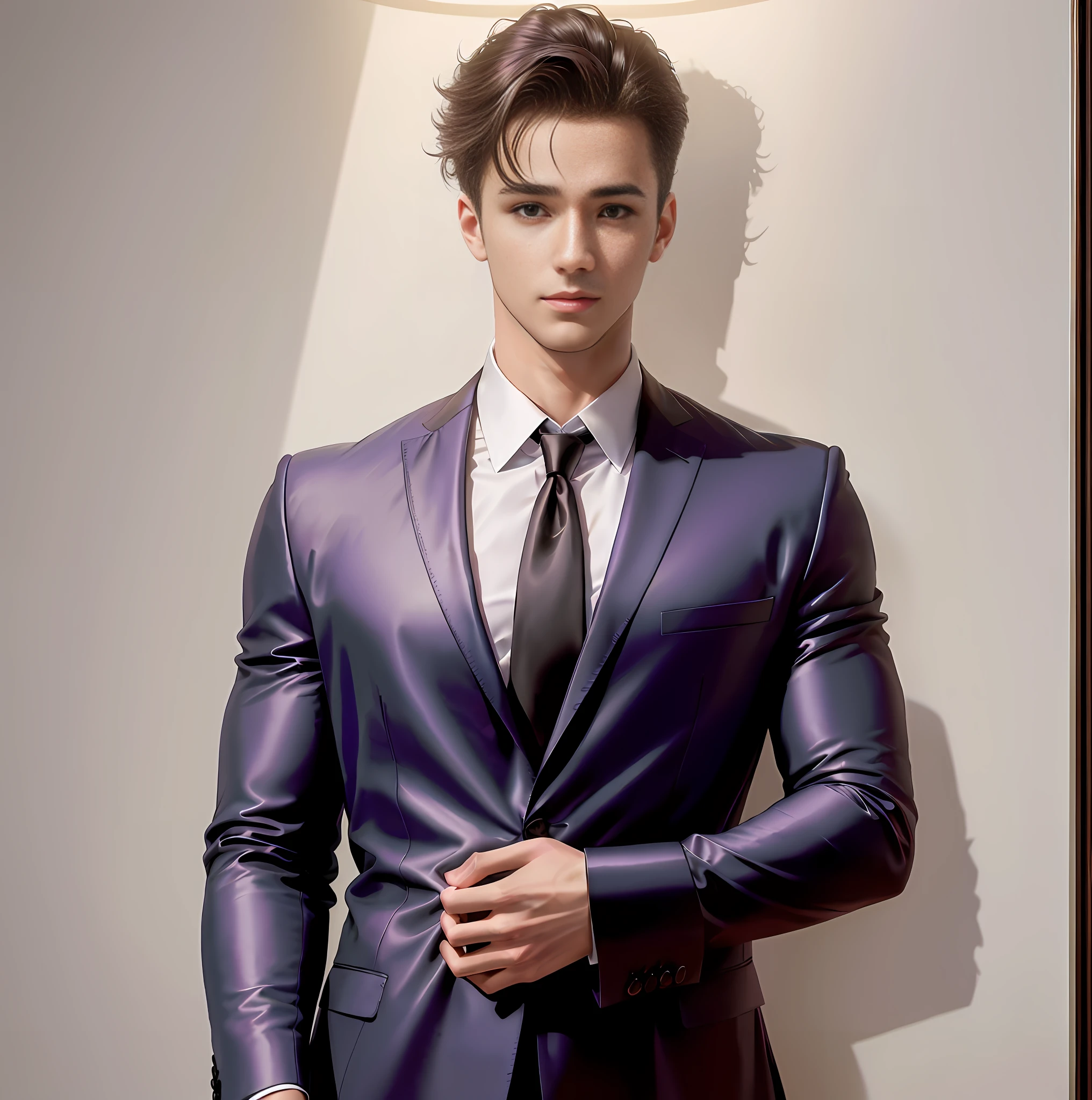 (fondo de pantalla) HD magnífico, Arad man (1) Vestido con un elegante traje de negocios púrpura, La corbata enfatiza la elegancia, (Énfasis en las características del personaje) guapo impresionante y realista, (Características del traje) complejo y elegante, Postura con estilo anime, Edificios de gran altura en el fondo, (escena nocturna, Fuente de luz fuerte: 1.4). --auto --s2