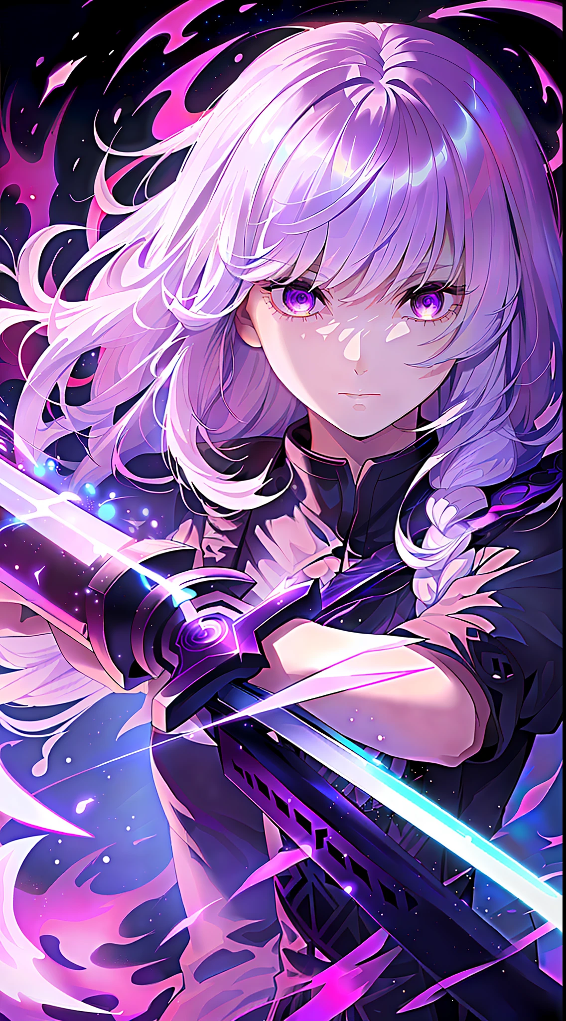 colorful, 1 girl, white hair, purple eyes, double hilt, sword, hand sword, blue flames, brilliance, bright weapon, light particles, wallpaper, chromatic aberration,