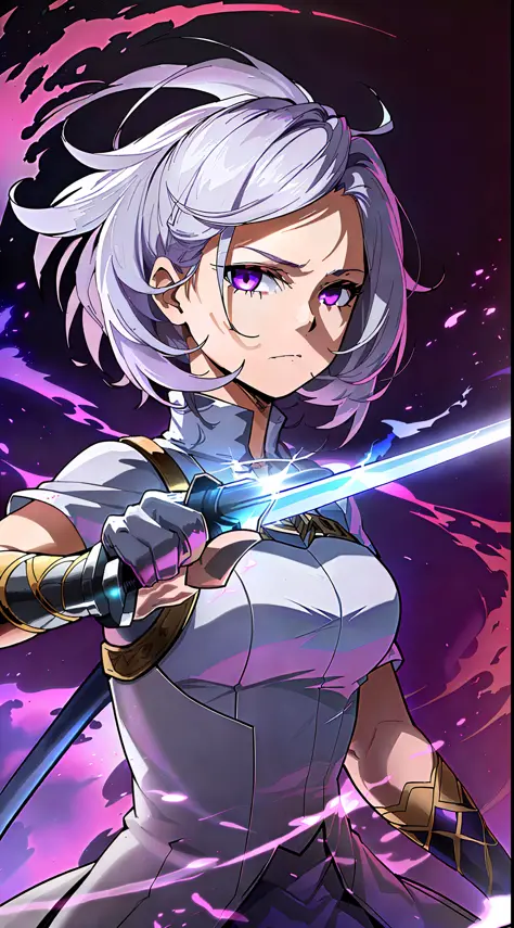 colorful, 1 girl, white hair, purple eyes, double hilt, sword, hand sword, blue flames, brilliance, bright weapon, light particl...