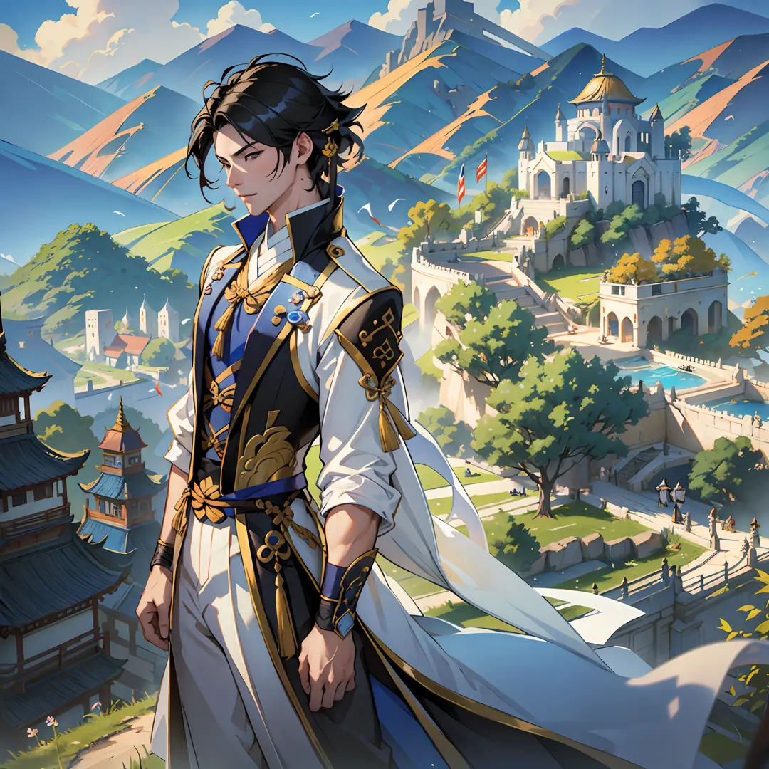(highest quality, extremely delicate) handsome man, Xiuxian world, sun, blue sky, tang costume, black hair, ancient architecture...