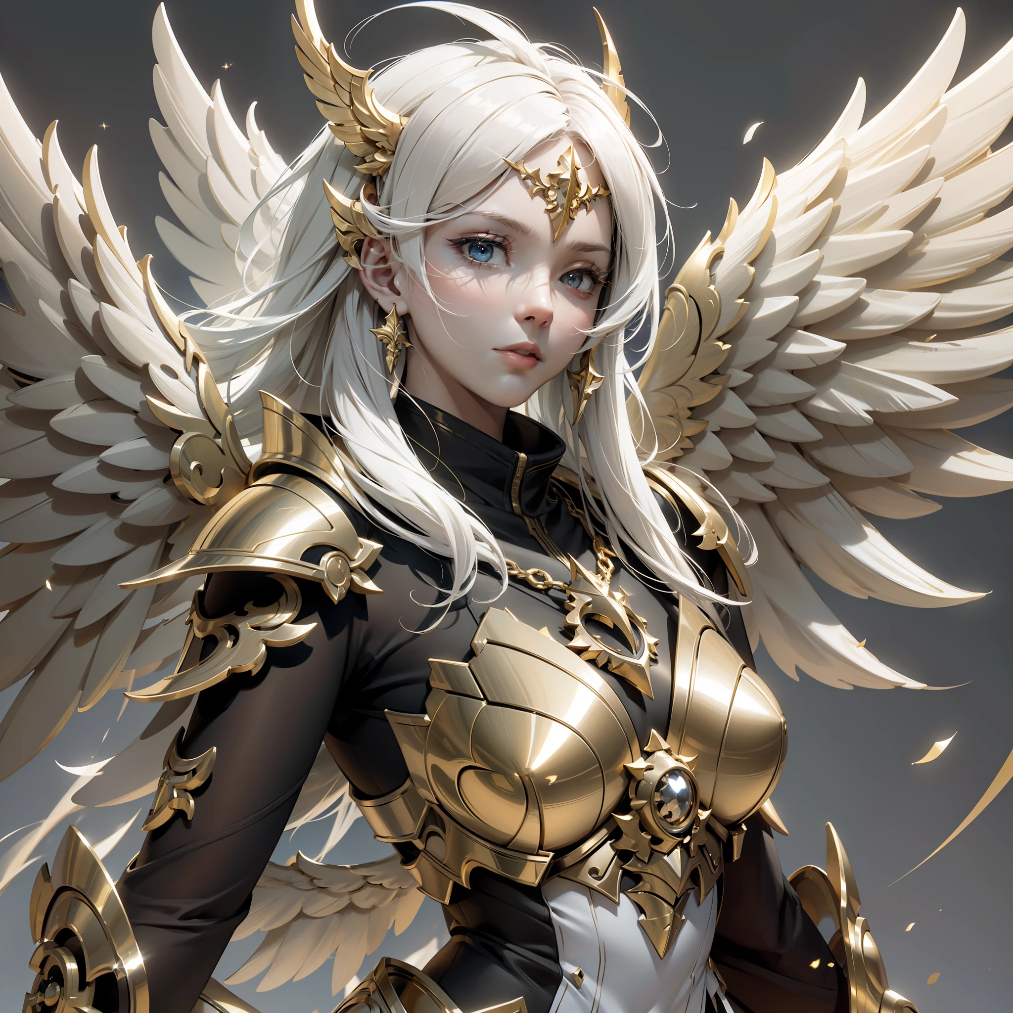 An angel warrior, (with a pair of golden wings on his back), ((metal wings)), ((golden armor)), high detail, (beautiful face), perfect facial features, golden hair, golden sword, indifferent, arrogant, invincible, atmospheric, macro, realistic, HDR (high dynamic range), ray tracing, NVIDIA RTX, super resolution, Unreal 5, subsurface scattering, post-processing, anisotropic filtering, depth of field, maximum sharpness and sharpness, Albedo and Specular Mapping, Surface shading, Accurately Simulating Light-Material Interactions, Perfect Proportions, Octane Render, Duotone Lighting, Large Aperture, Low ISO, White Balance, Rule of Thirds, 8K RAW, High Efficiency Sub-Pixel, Subpixel Convolution,